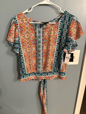 Boho Print Tie-Front Women's Top - Teal & Orange